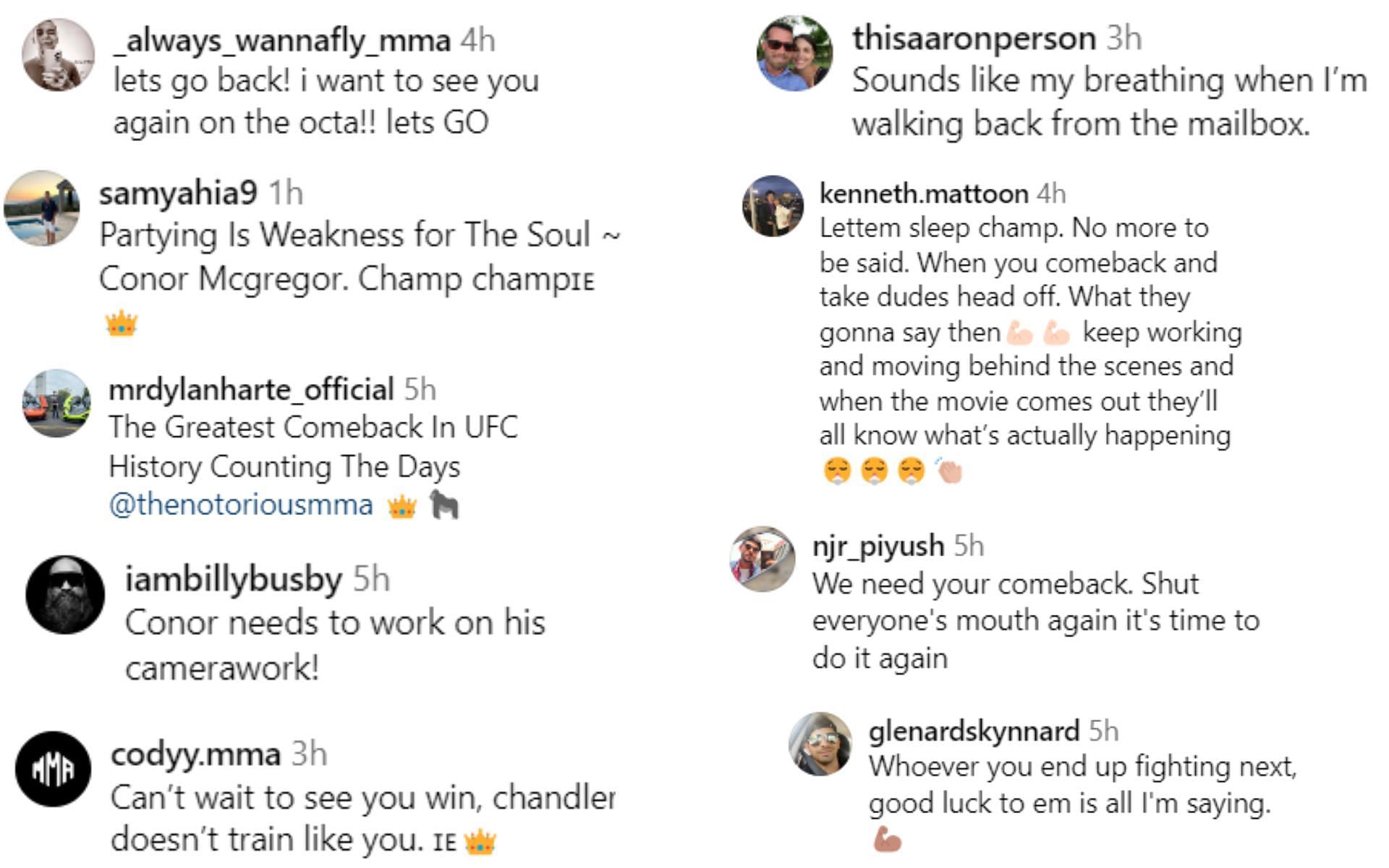 Screenshot of fan reactions to Conor McGregor's post on Instagram